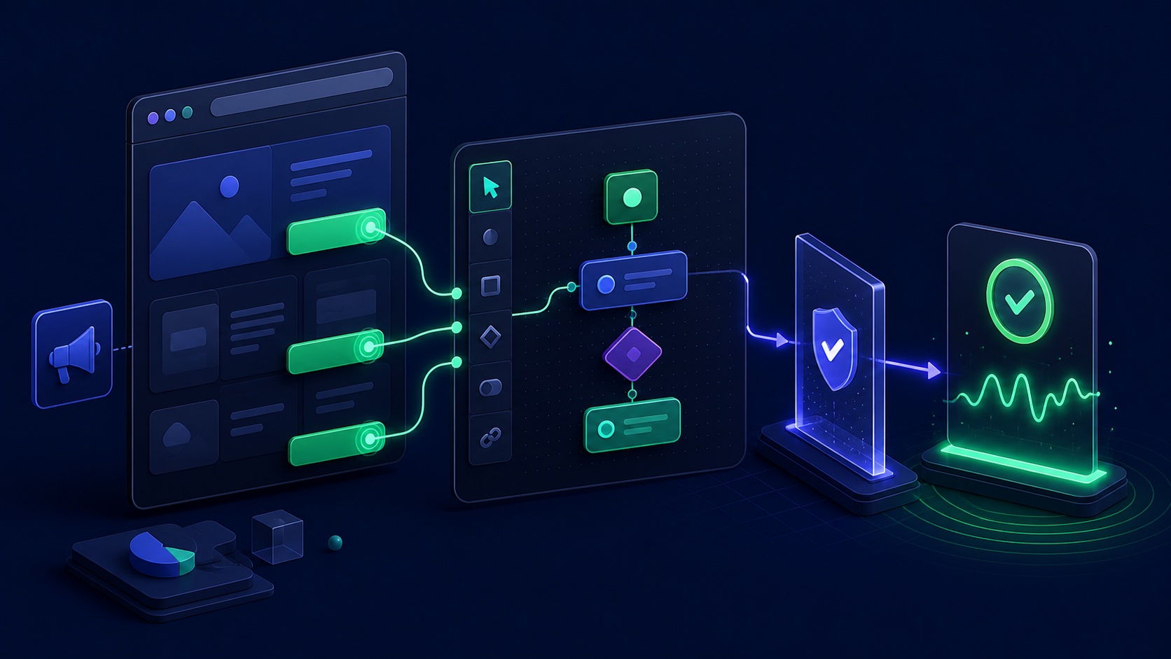 A website action map moves through a point-and-click event builder into a test gate and a verified conversion ledger