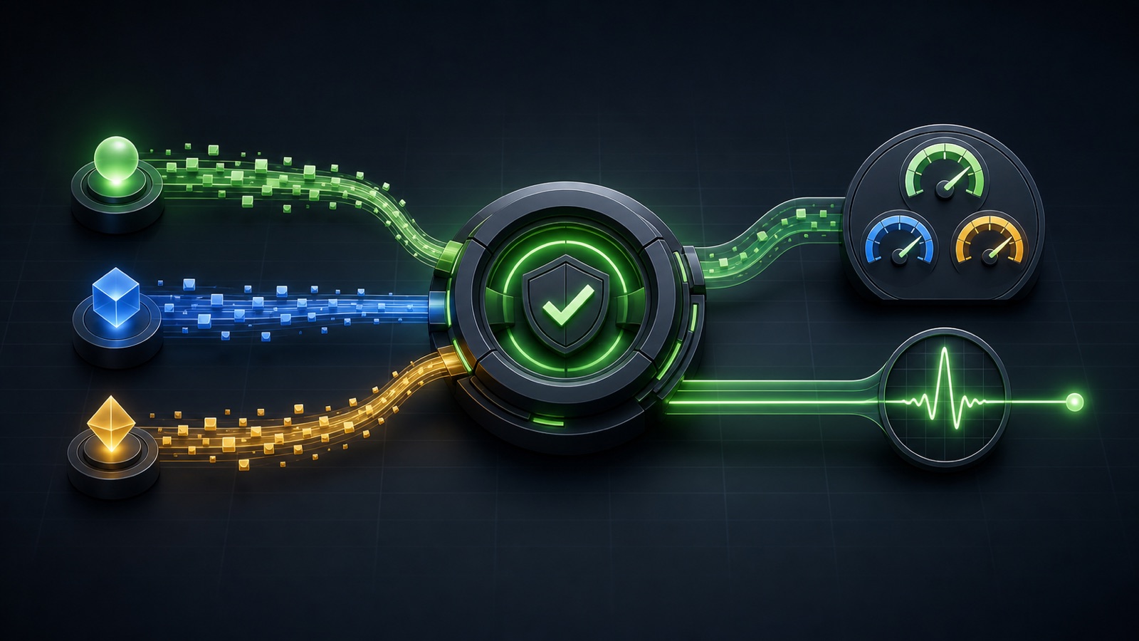 Several advertising event streams entering a central diagnostics hub where duplicate signals merge and a verified pulse emerges