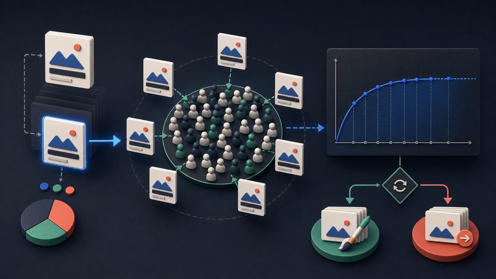 Repeated ad impressions circulate through an audience while reach and response curves reveal possible saturation