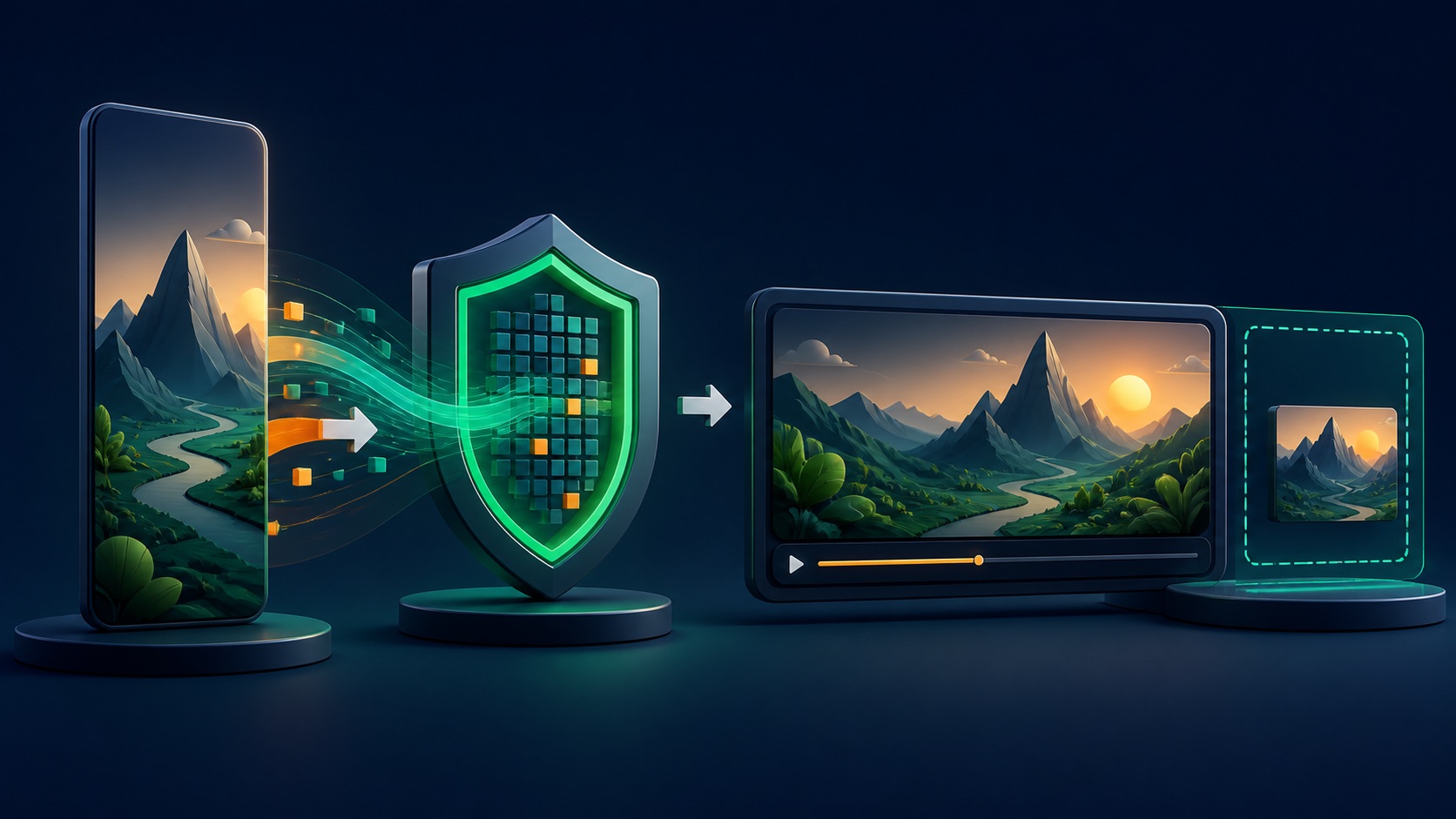 A video ad enters a publisher player after passing through a brand-safety shield and preview frame