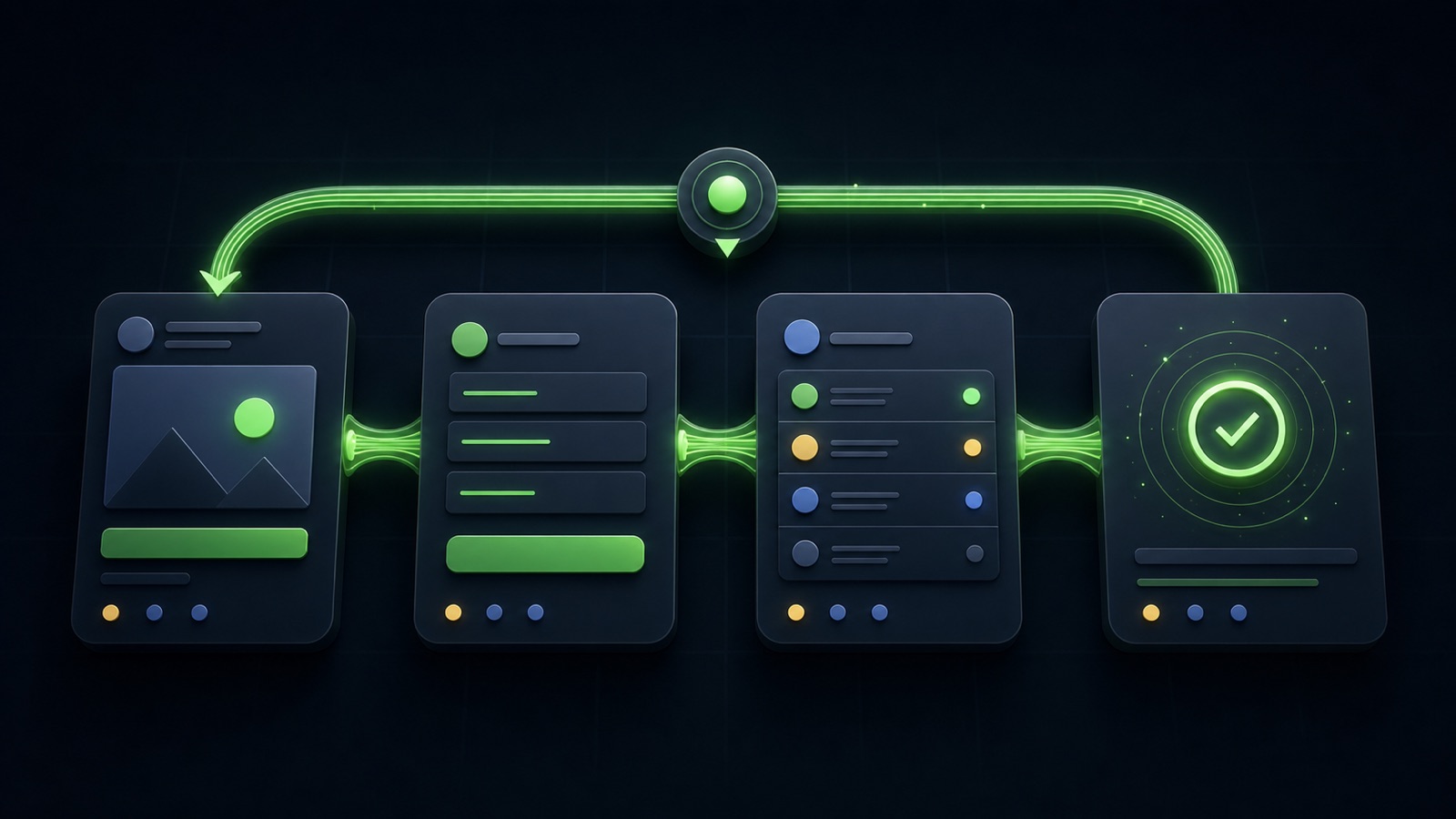 Four connected advertising, form, CRM, and verified-outcome cards forming a closed green feedback loop