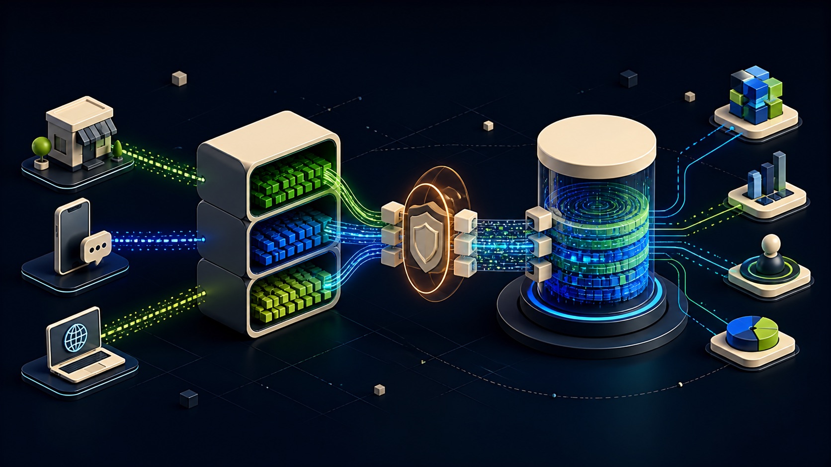 Store, phone, and web outcome signals cross a secure bridge into a unified dataset