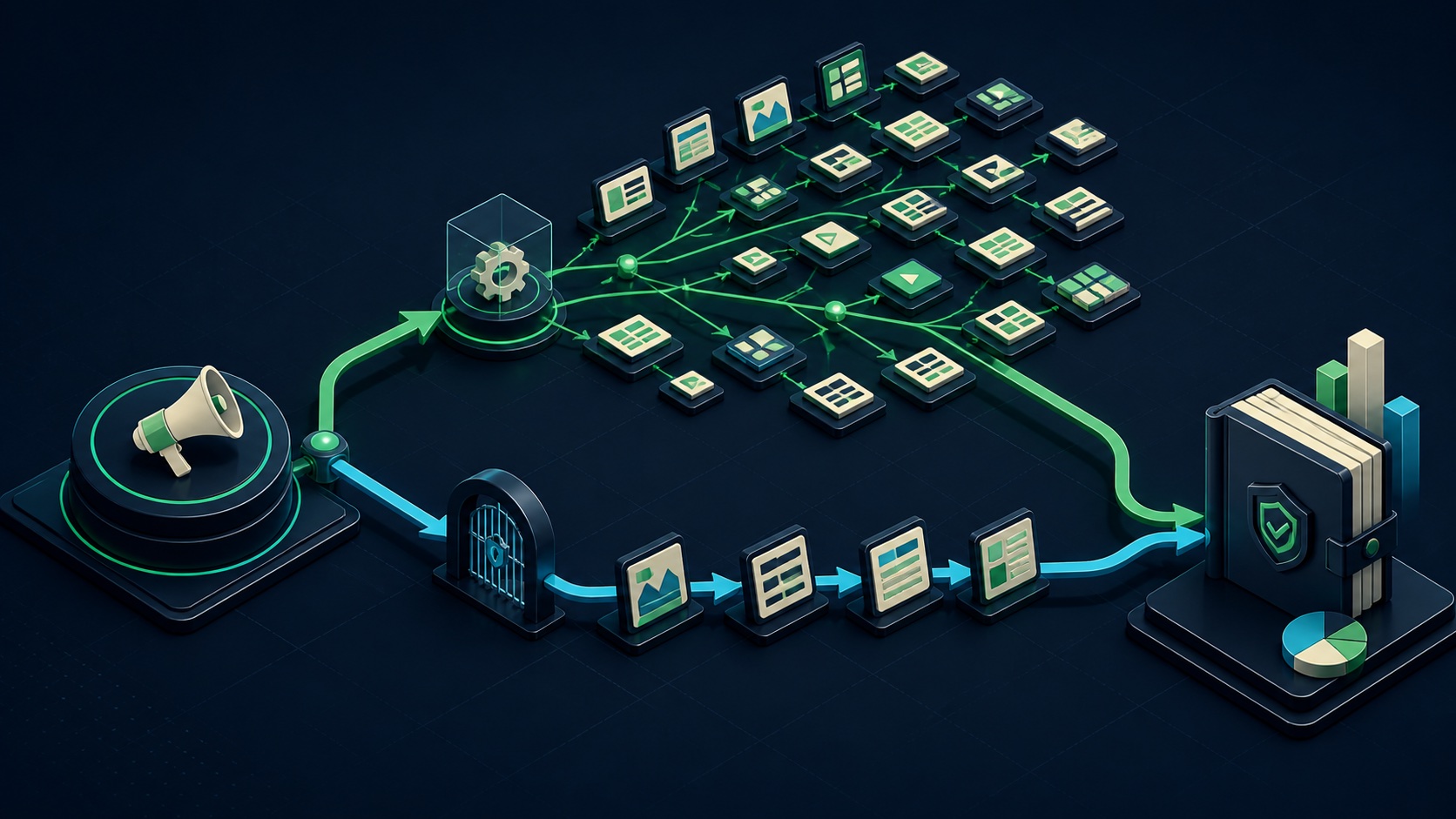 A Facebook advertising campaign branches into automated and manually controlled placement paths before rejoining at a measured outcome ledger