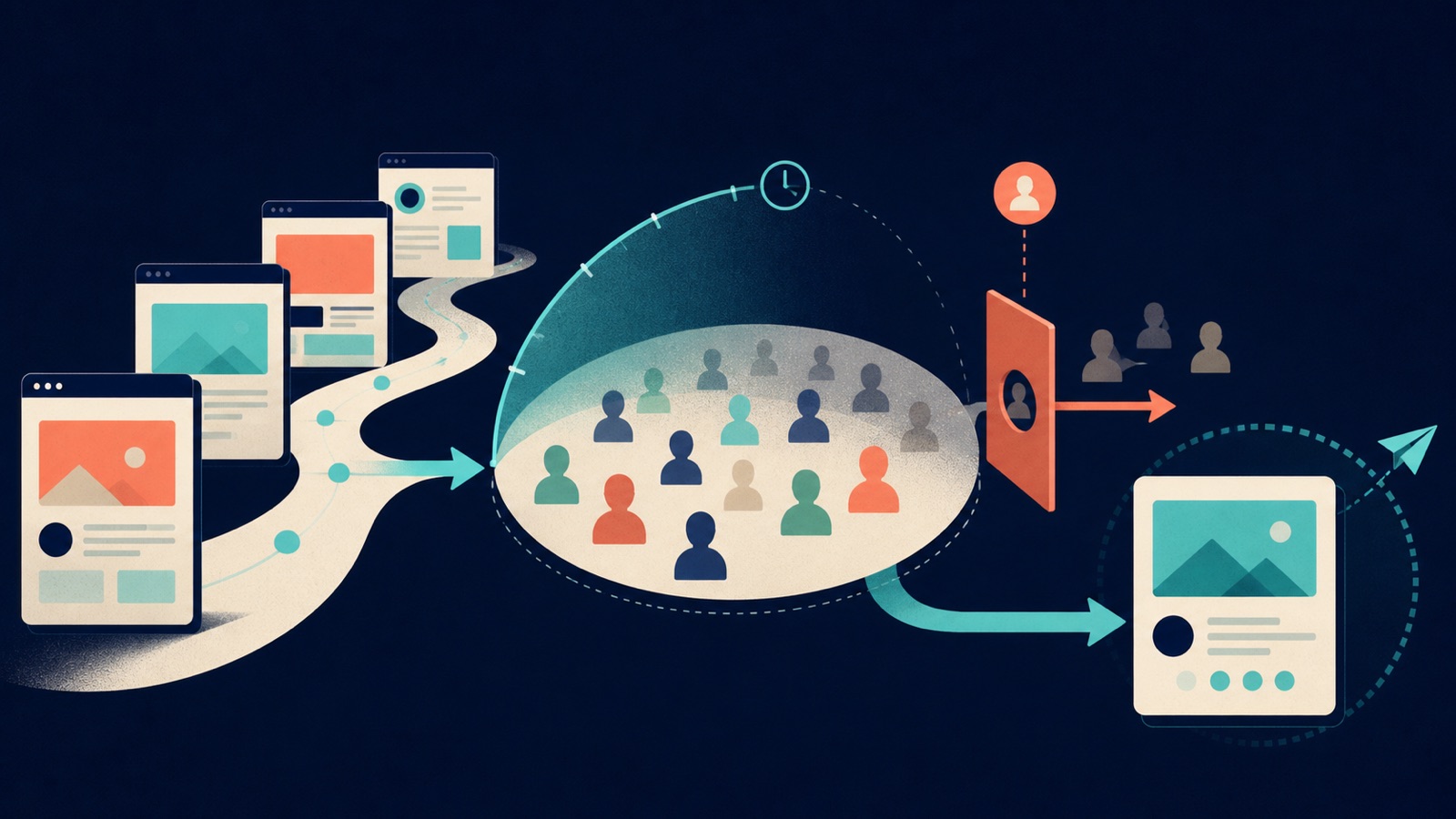 Website visits flow into a timed audience pool while customers leave through an exclusion gate
