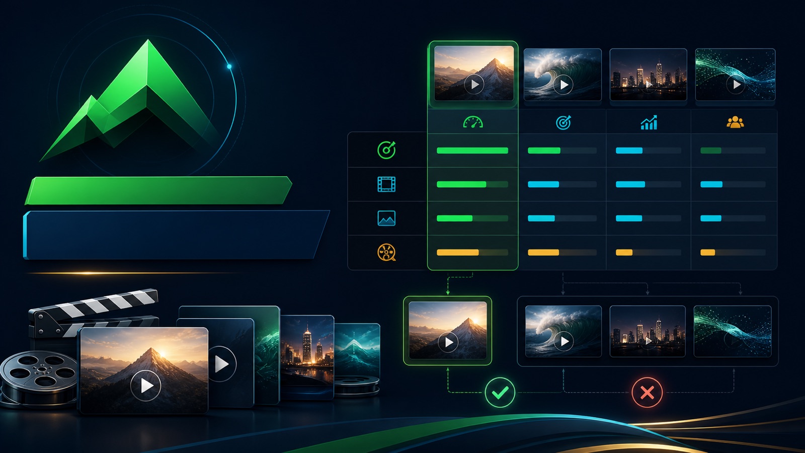Image, video, and text asset groups are compared in separate reporting columns before a replacement decision