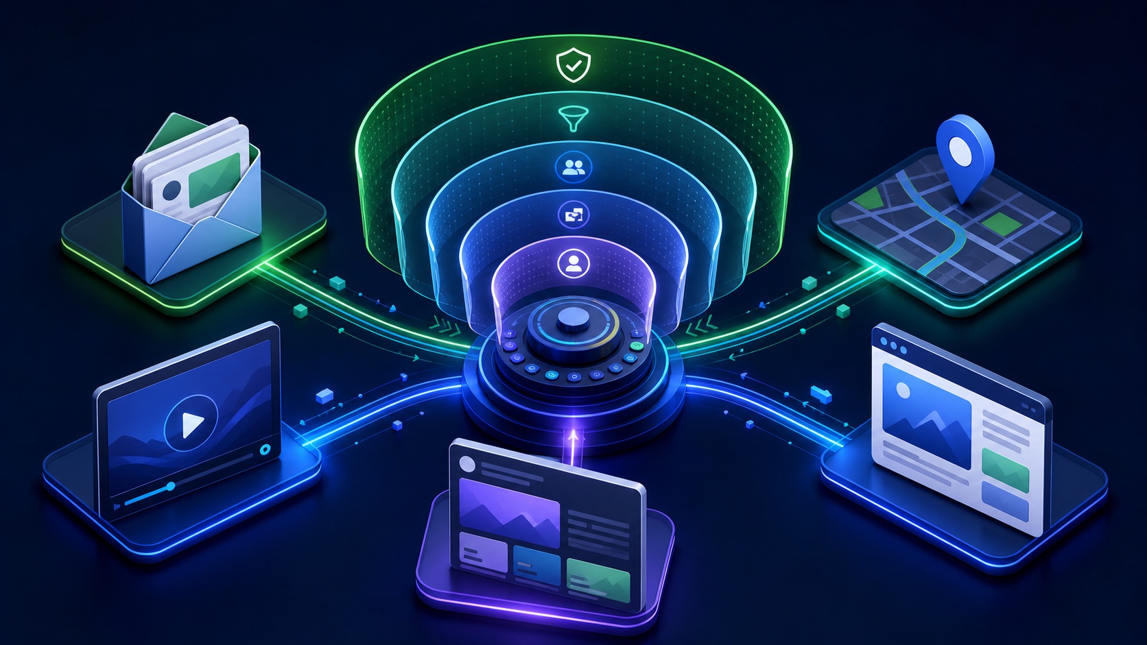 An account-level safety control fans out across Gmail, video, discovery, maps, and display campaign tiles with an approval gate