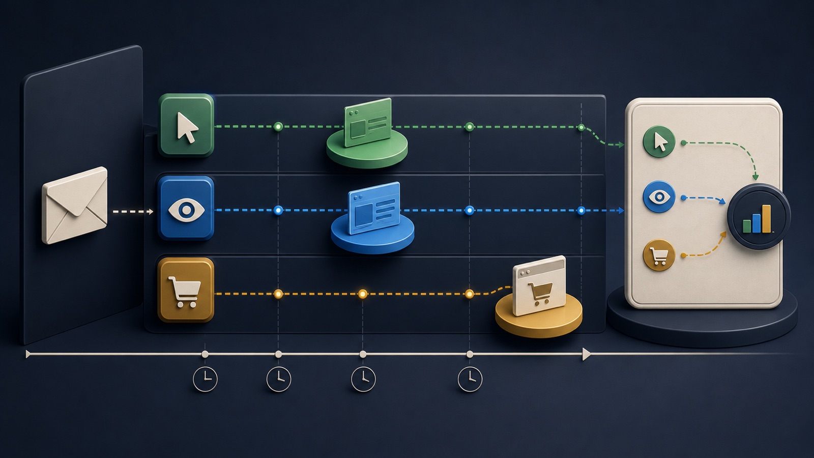 Click, video engagement, and impression timelines travel through separate conversion windows toward a reporting ledger