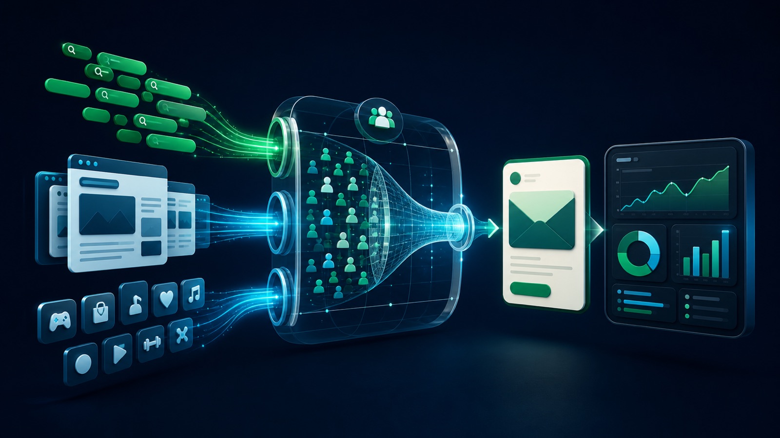 Search terms, website URLs, and app signals combine into an audience hypothesis and measured campaign