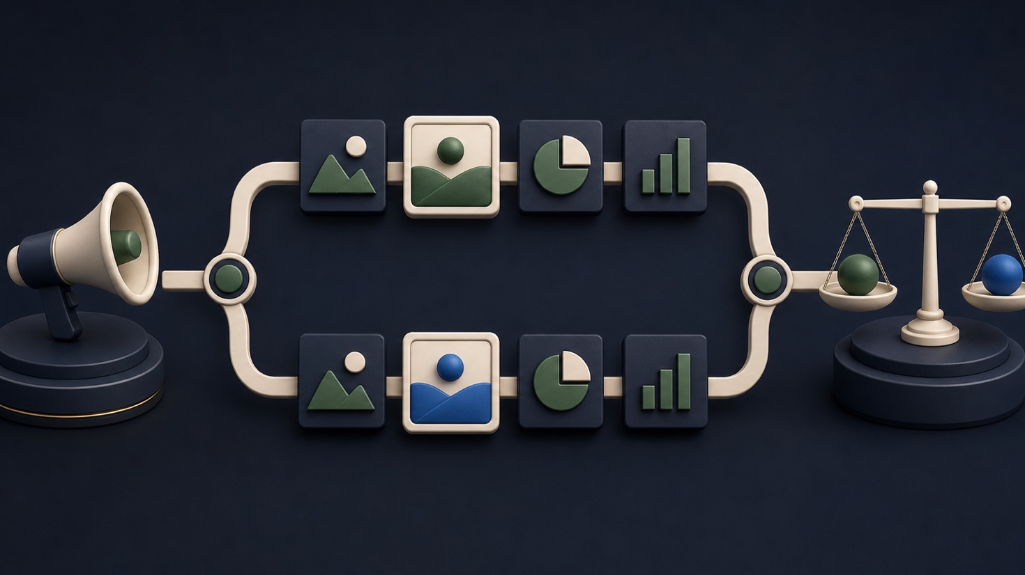 Two matched advertising lanes changing only one creative tile before reconverging at a comparison scale