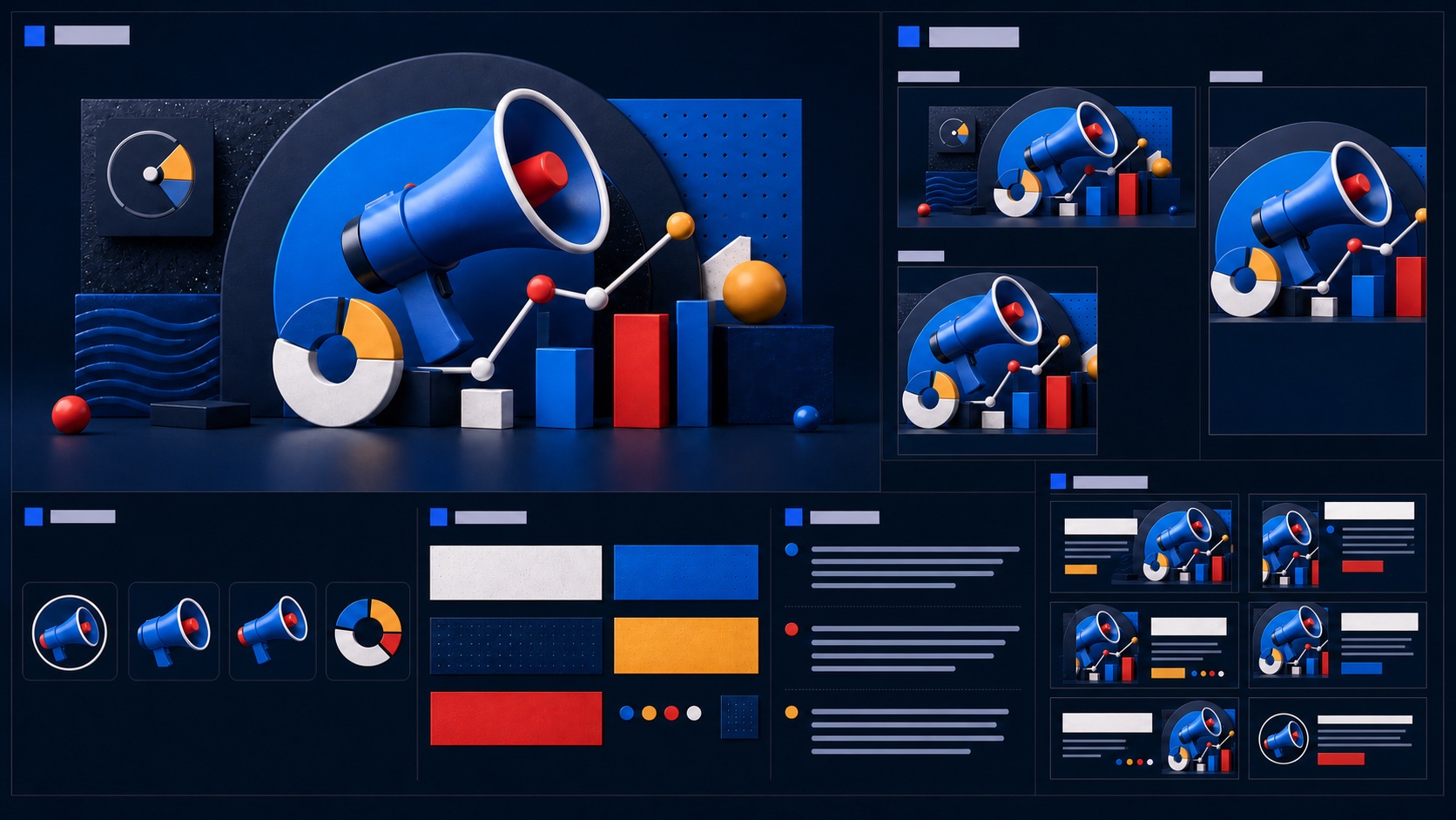 A central campaign illustration adapted into unlabeled horizontal, square, vertical, logo, and text building blocks