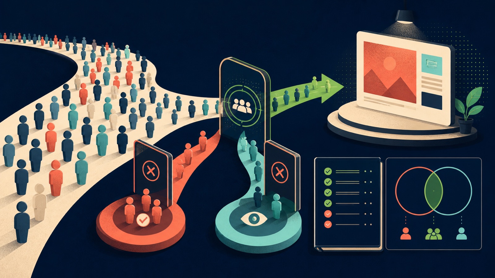 A Demand Gen audience pool removes known customers and recent converters through separate exclusion gates