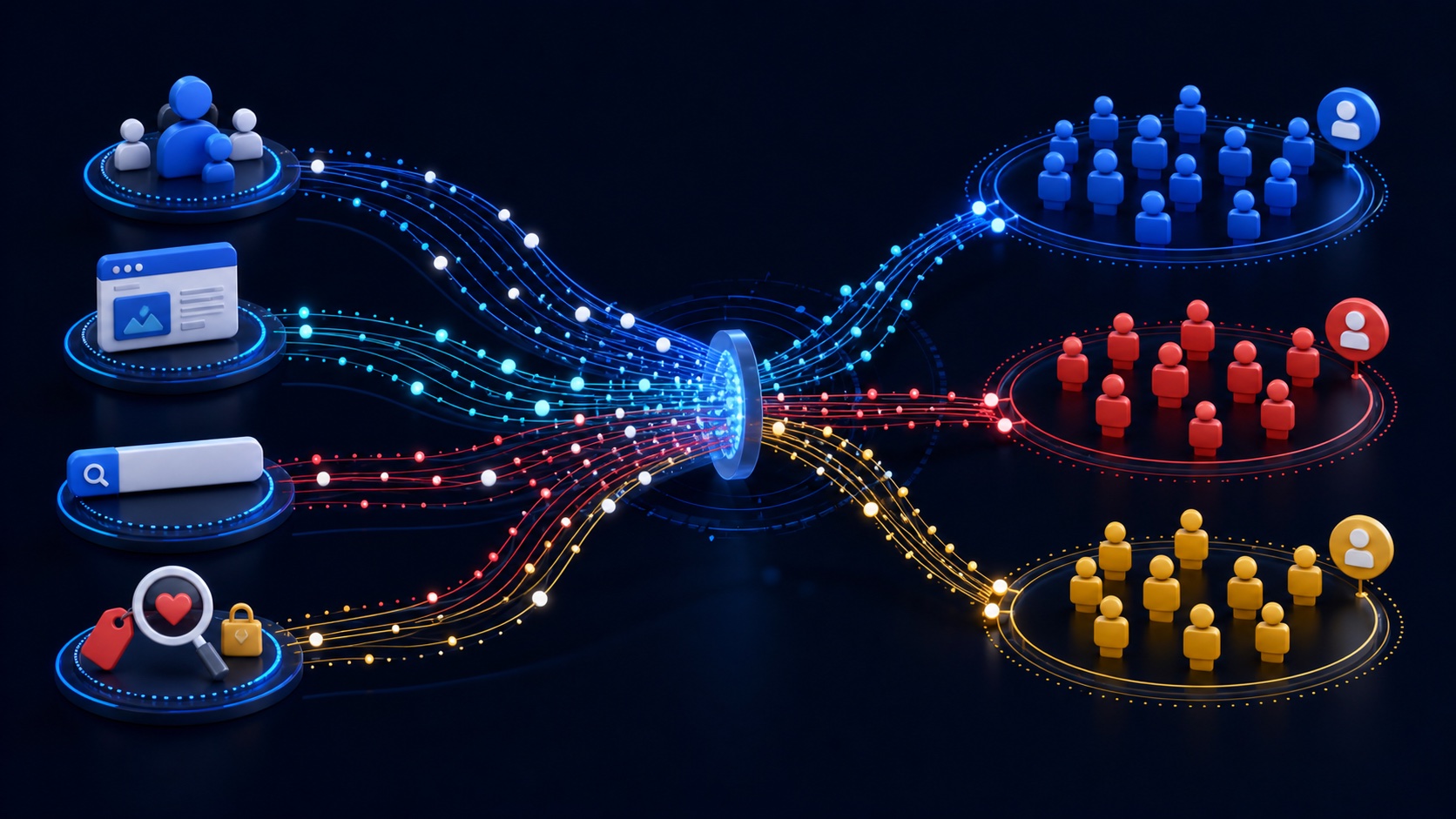 Customer, website, search, and interest signals flowing into three distinct audience clusters