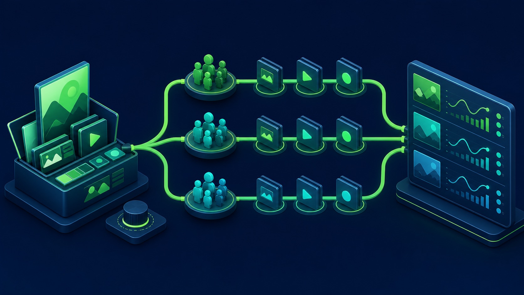One stable creative kit feeds three separate audience lanes before results reconverge in a comparison panel