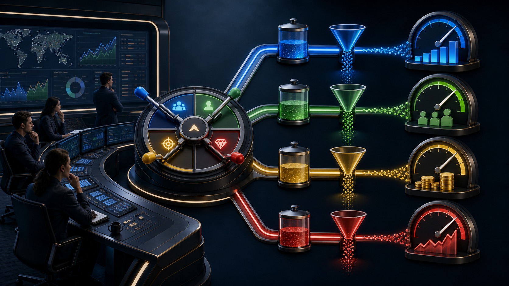 A Demand Gen control room routes budget toward click, conversion, efficiency, and value outcomes