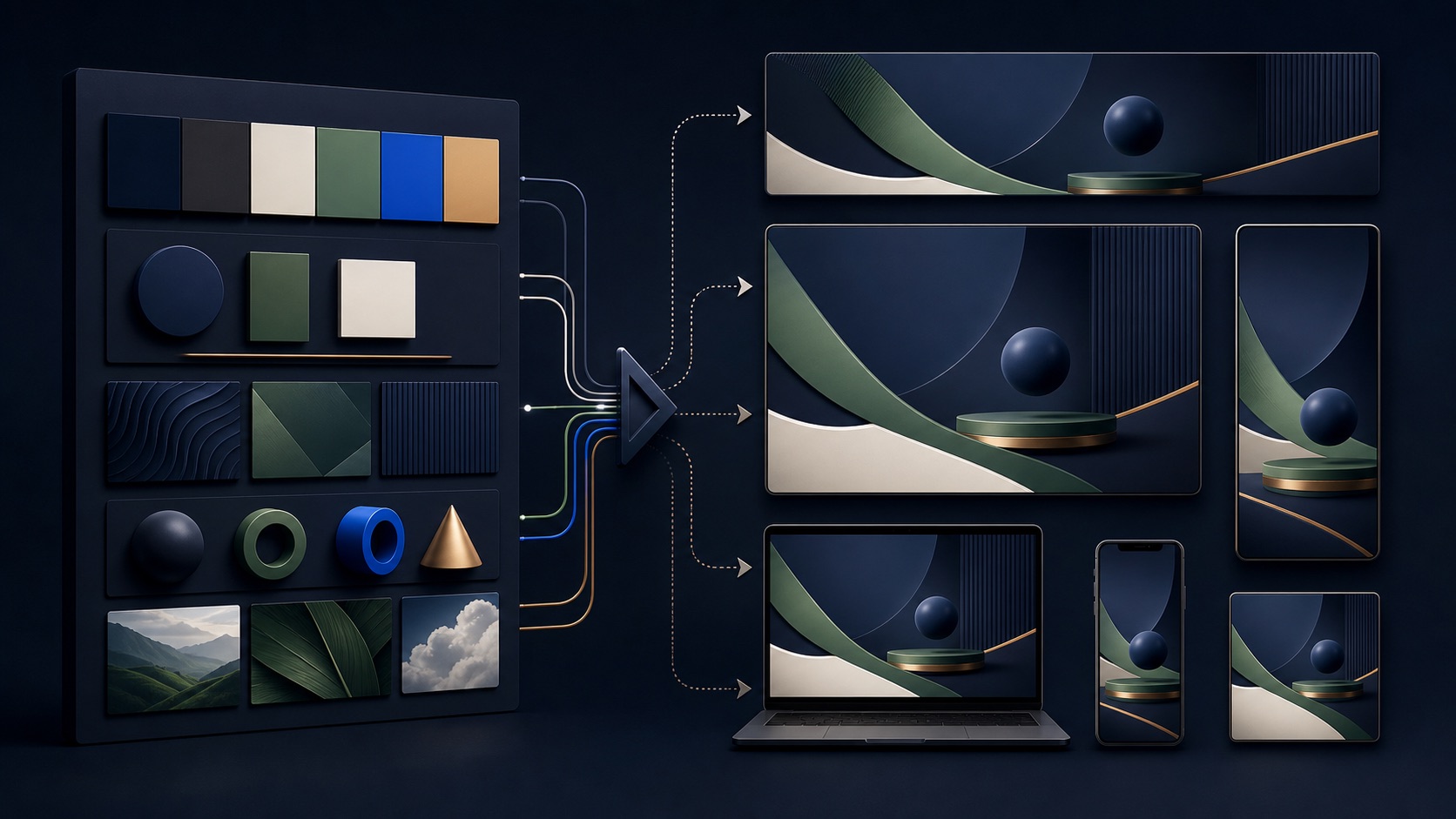 A brand source board sends consistent colors, typography shapes, and identity assets into several responsive advertising canvases