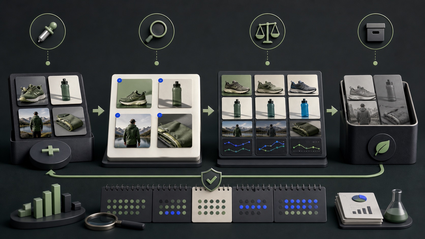 A creative asset carousel moves new concepts into a live campaign while a stable control set remains in place