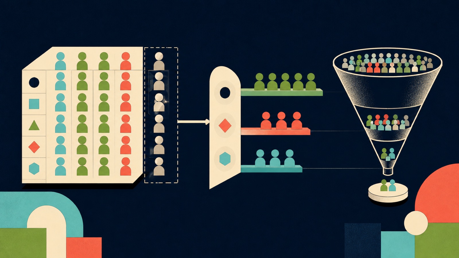 A demographic matrix separates included, excluded, and unknown groups before a campaign funnel