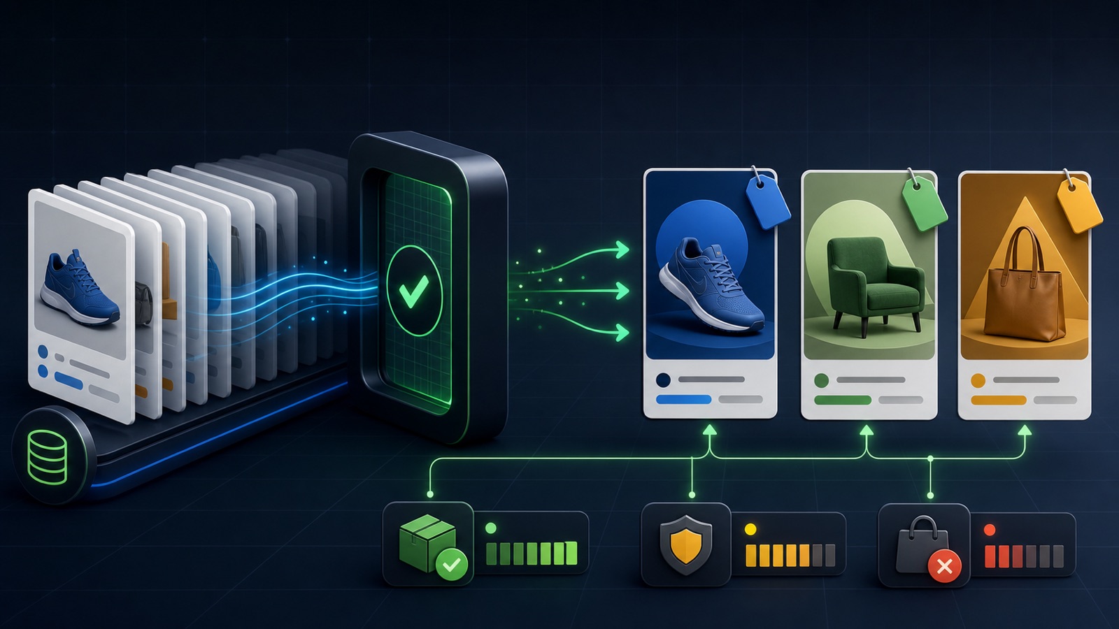 A clean product catalog passing through a validation gate into three dynamic advertising cards
