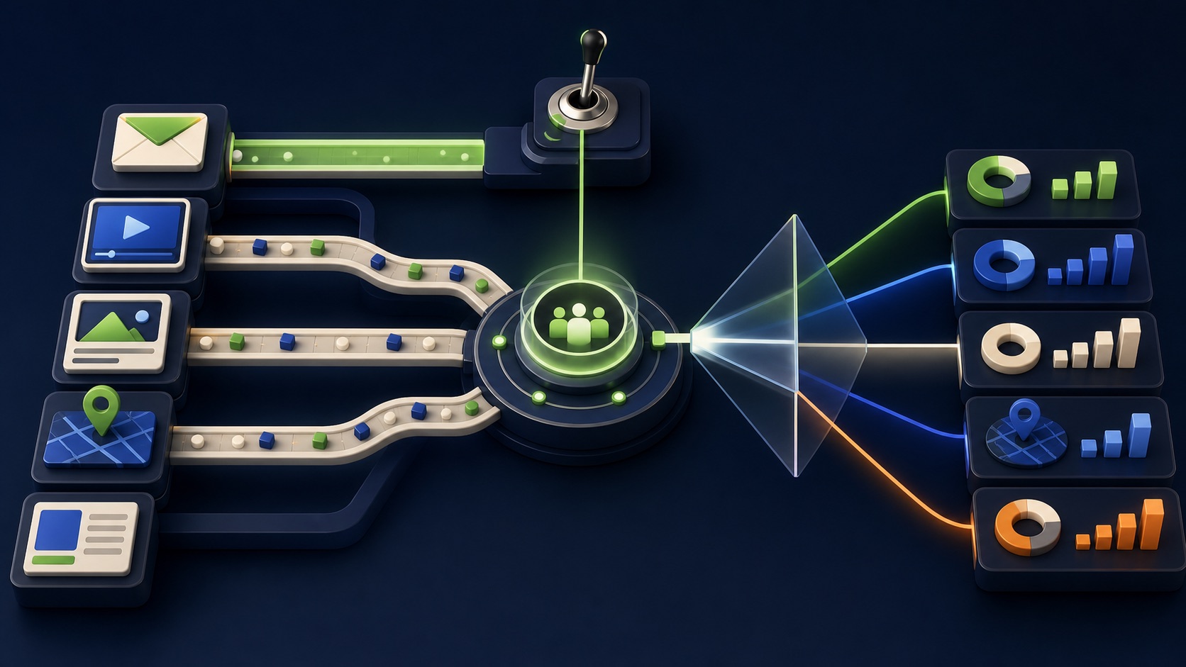 A multichannel campaign switchboard blocks an email lane for a restricted category while eligible lanes remain available