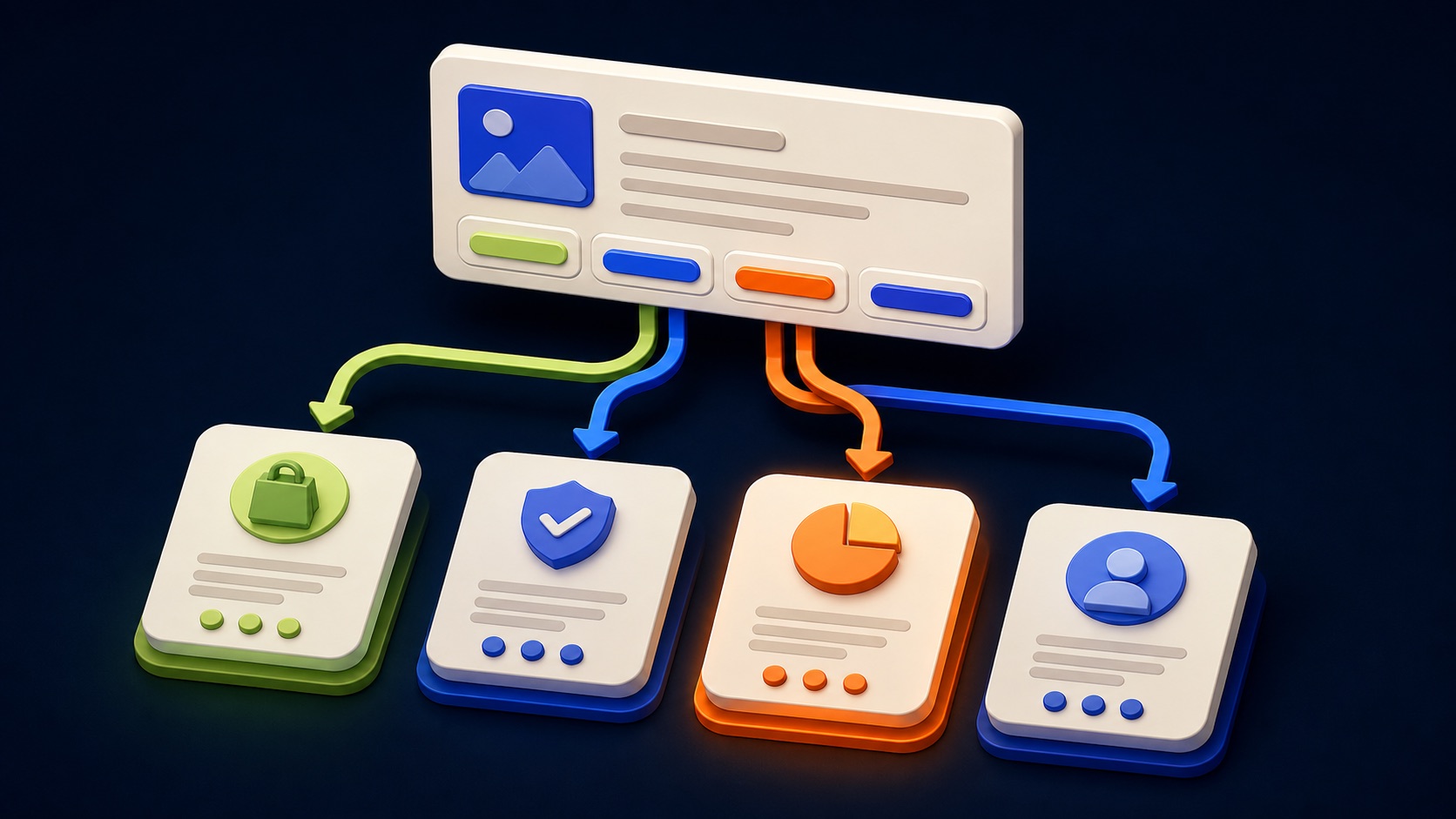 An email-style ad card branches into four distinct destination cards