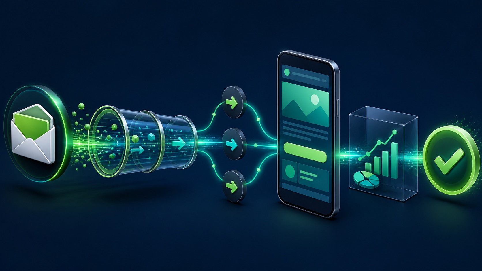 A promotional message travels through URL parameters, redirects, a mobile landing page, analytics, and conversion confirmation