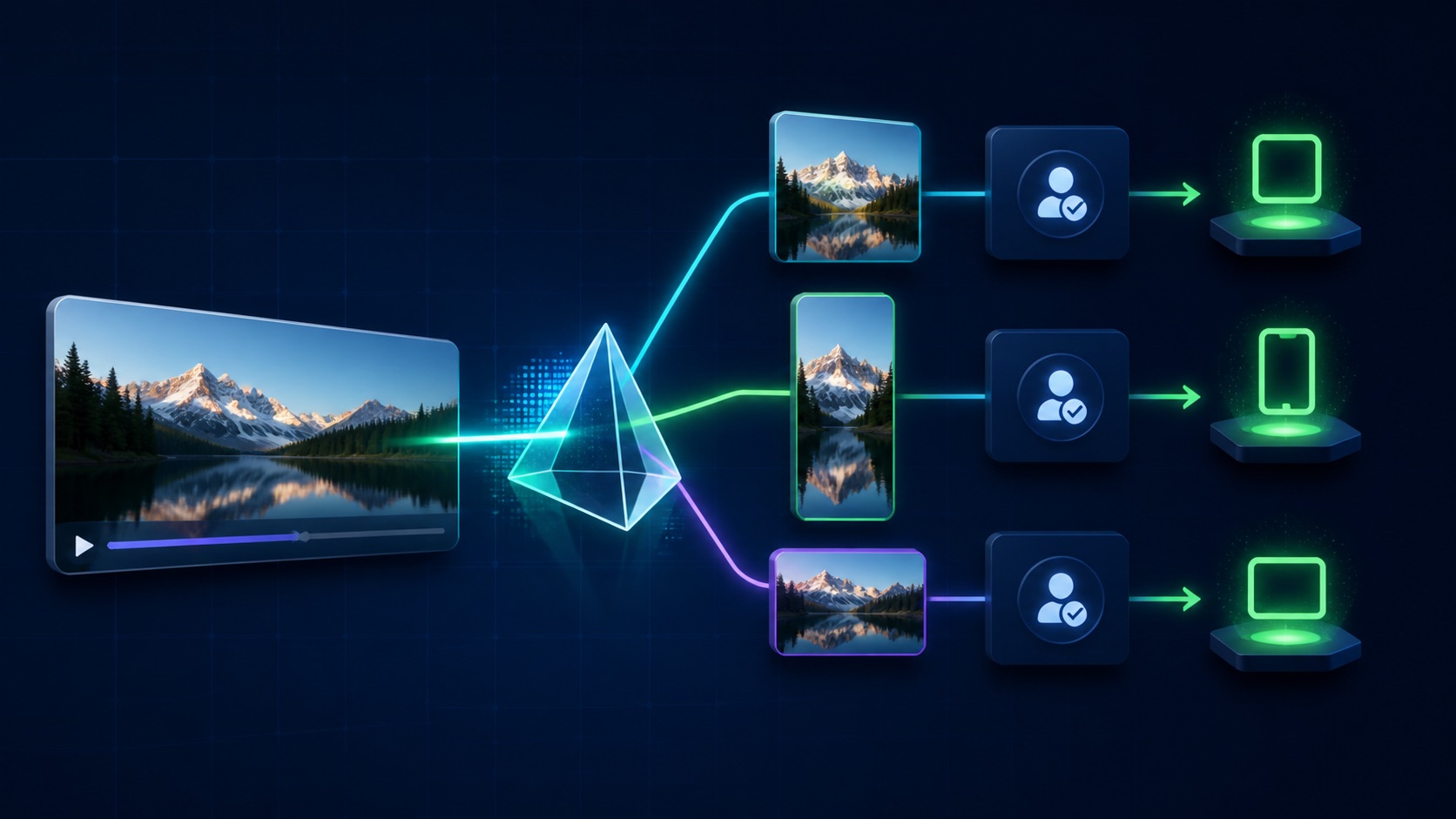 A horizontal source video branches into vertical, square, and shorter reviewed versions