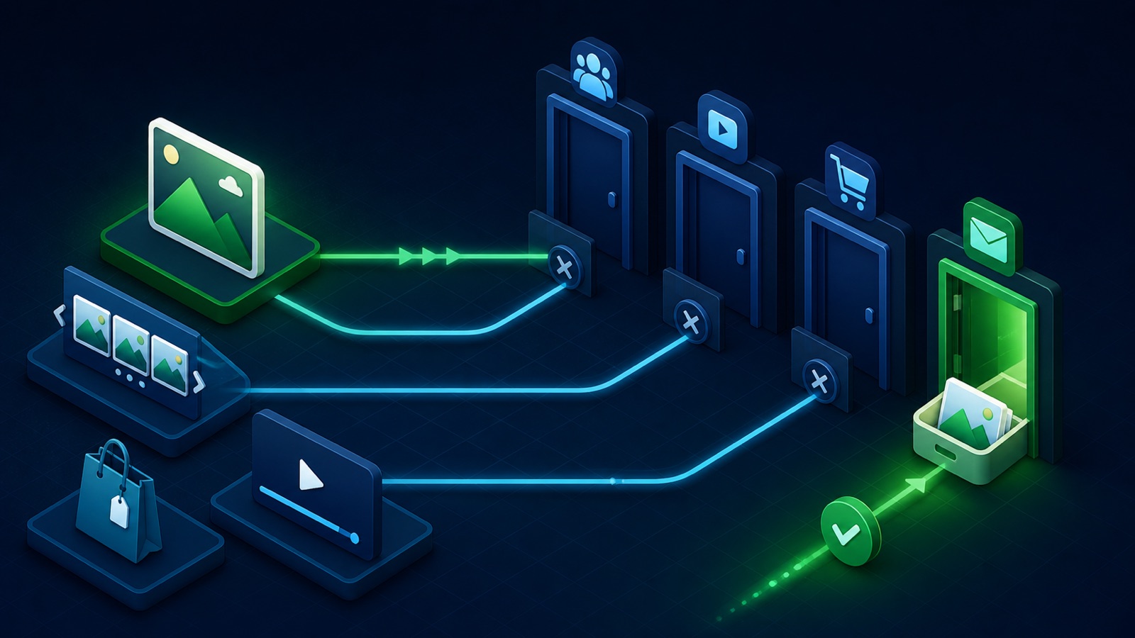 Image, carousel, product, and video cards pass through eligibility gates toward an inbox placement