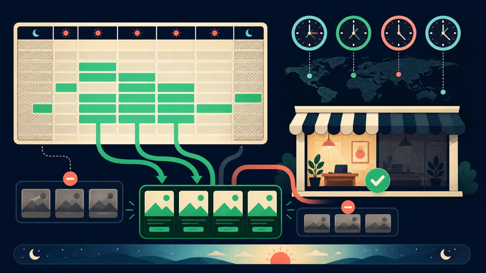A weekly advertising calendar aligns customer time zones, staffing capacity, overnight splits, and campaign eligibility