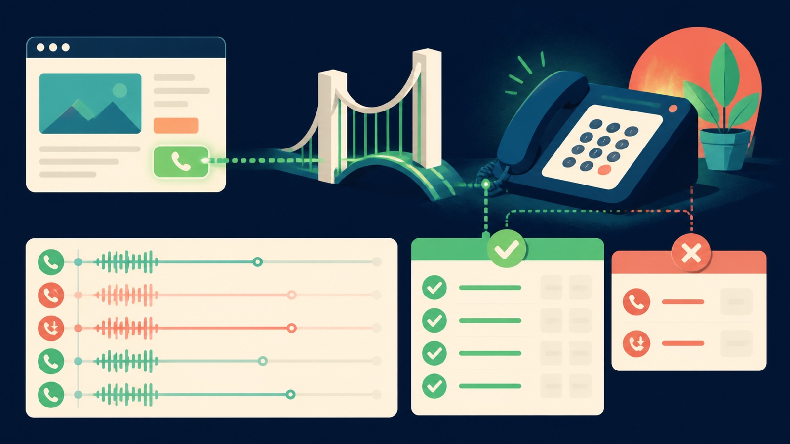 A search ad phone asset routes through reporting, call handling, qualification, and value checkpoints