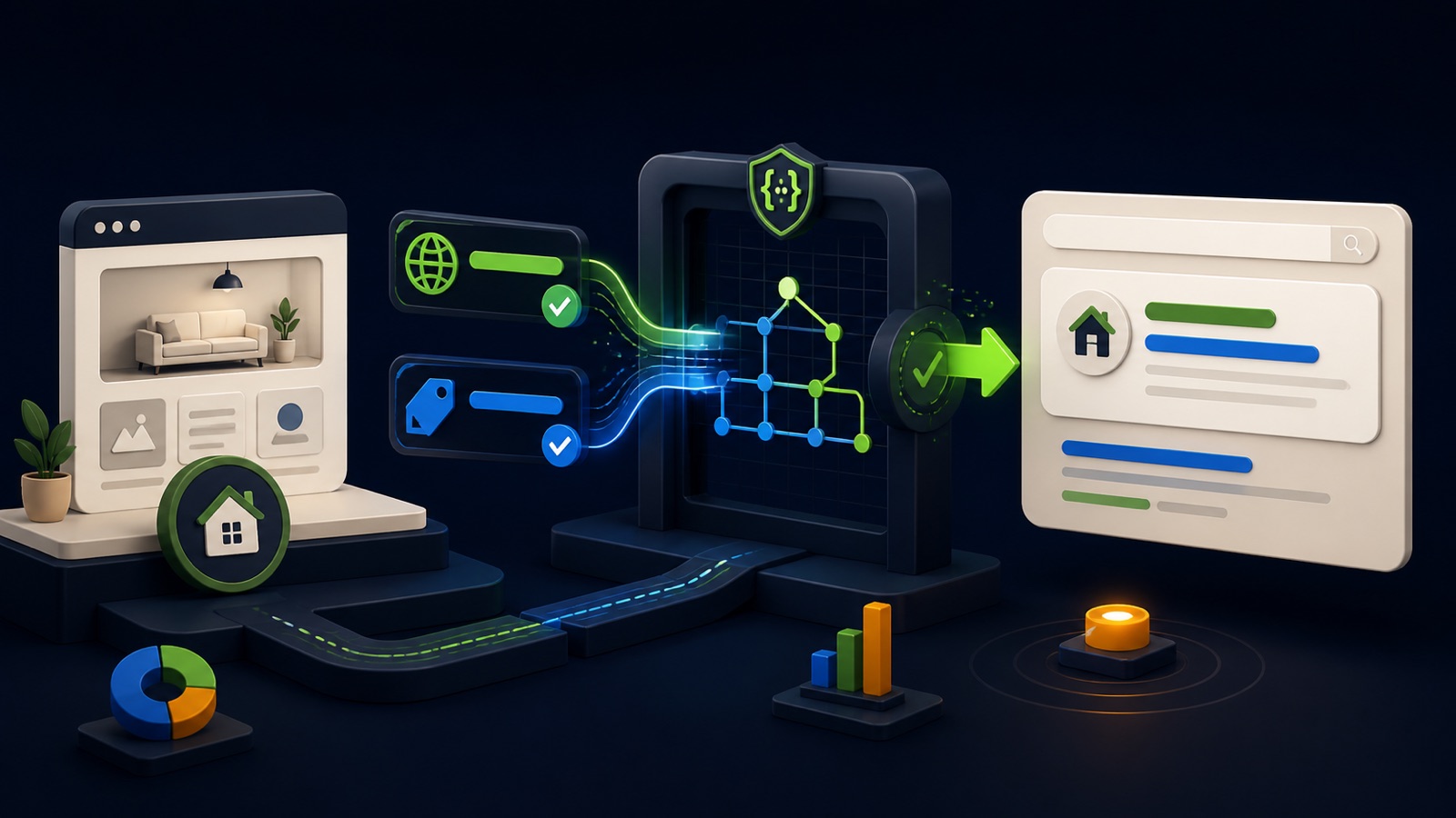 Homepage identity and domain signals pass through a structured-data validation gate into a search-result identity card