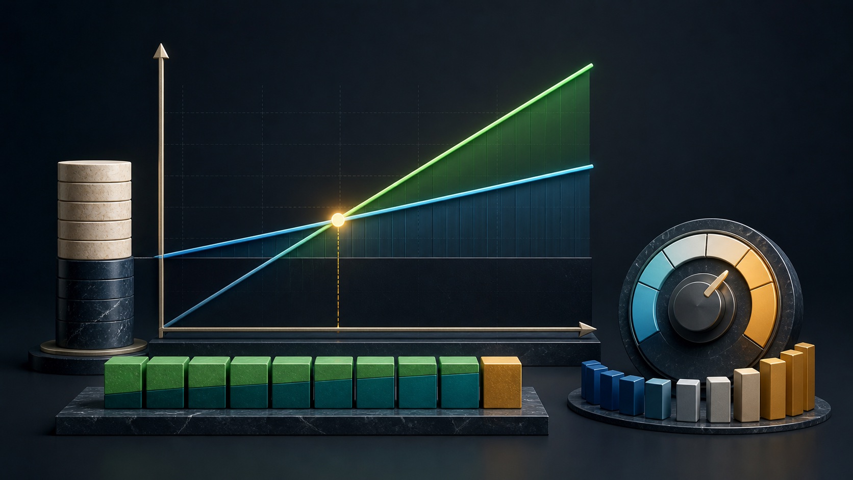 Fixed costs and unit contribution intersect with a revenue line at an illustrative break-even point