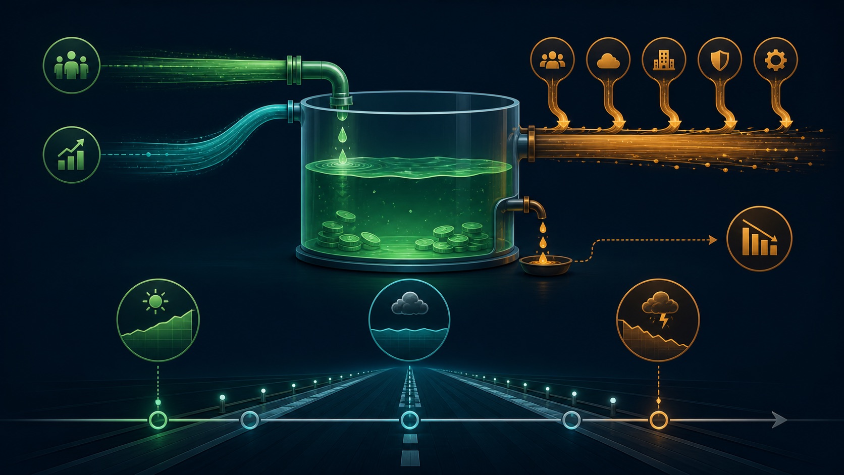A cash reservoir loses monthly operating expenses, receives revenue inflows, and continues along a runway timeline with scenario checkpoints