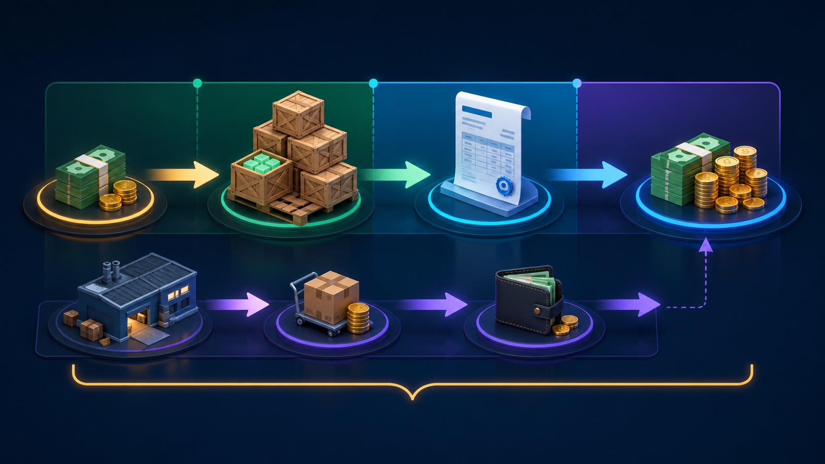 Inventory days and receivable days add while payable days subtract along a cash operating timeline