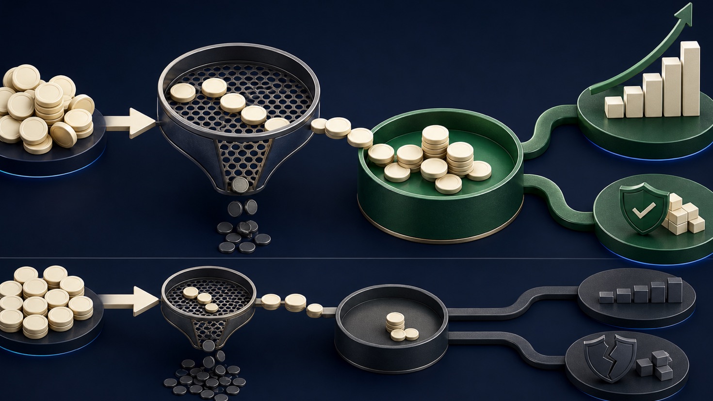 Revenue tokens passing through a variable-cost sieve into a contribution pool that funds fixed costs and sustainable growth