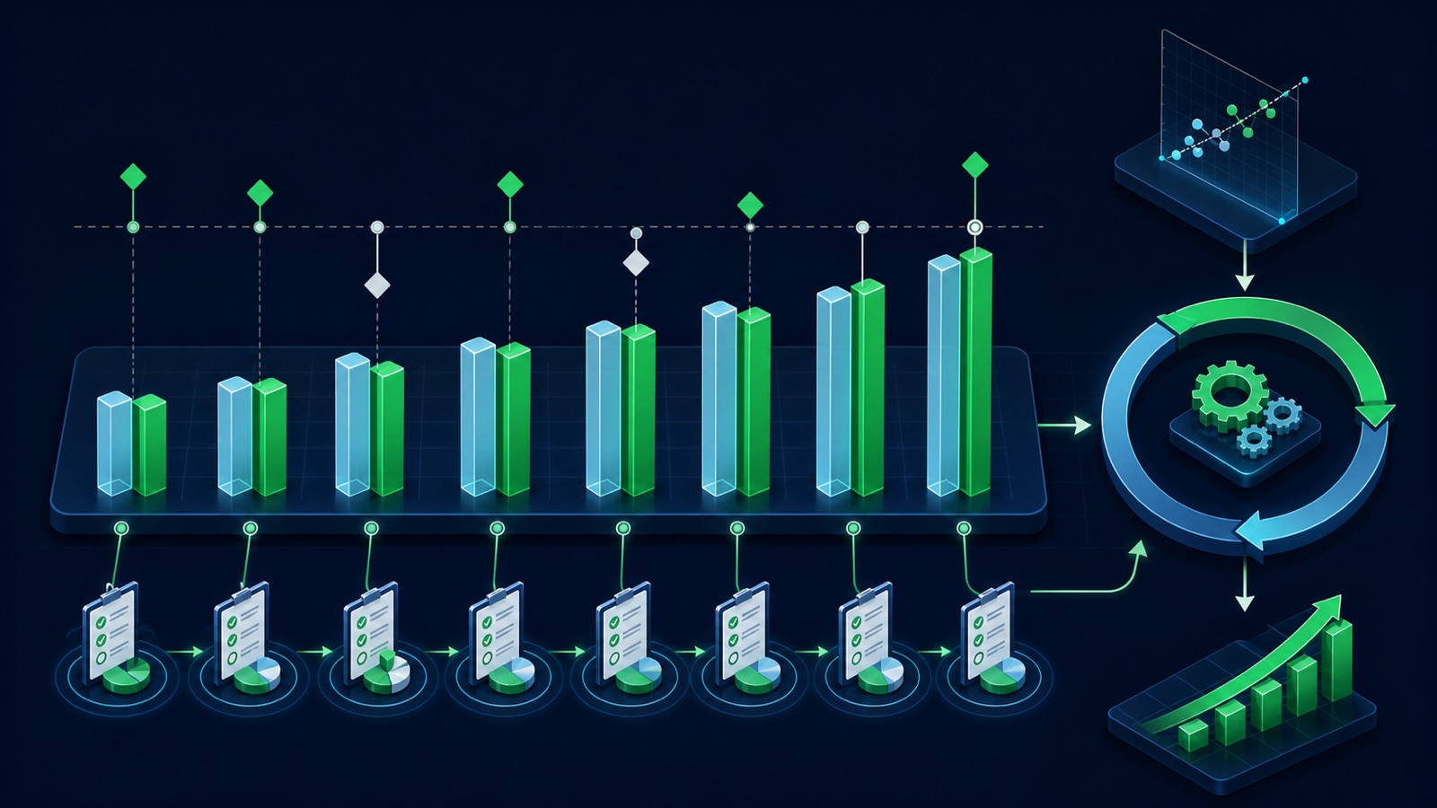 Forecast and actual bars are compared across periods, with error markers feeding a calibration loop