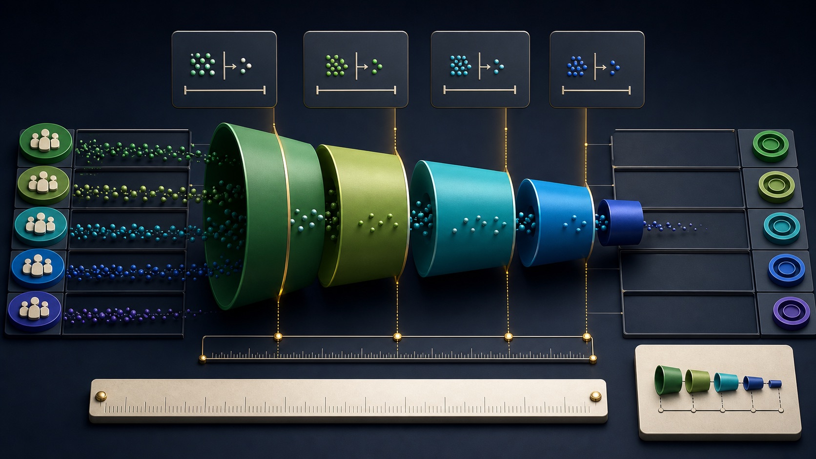 A multi-stage conversion funnel includes explicit denominators, event boundaries, time limits, and parallel cohort lanes