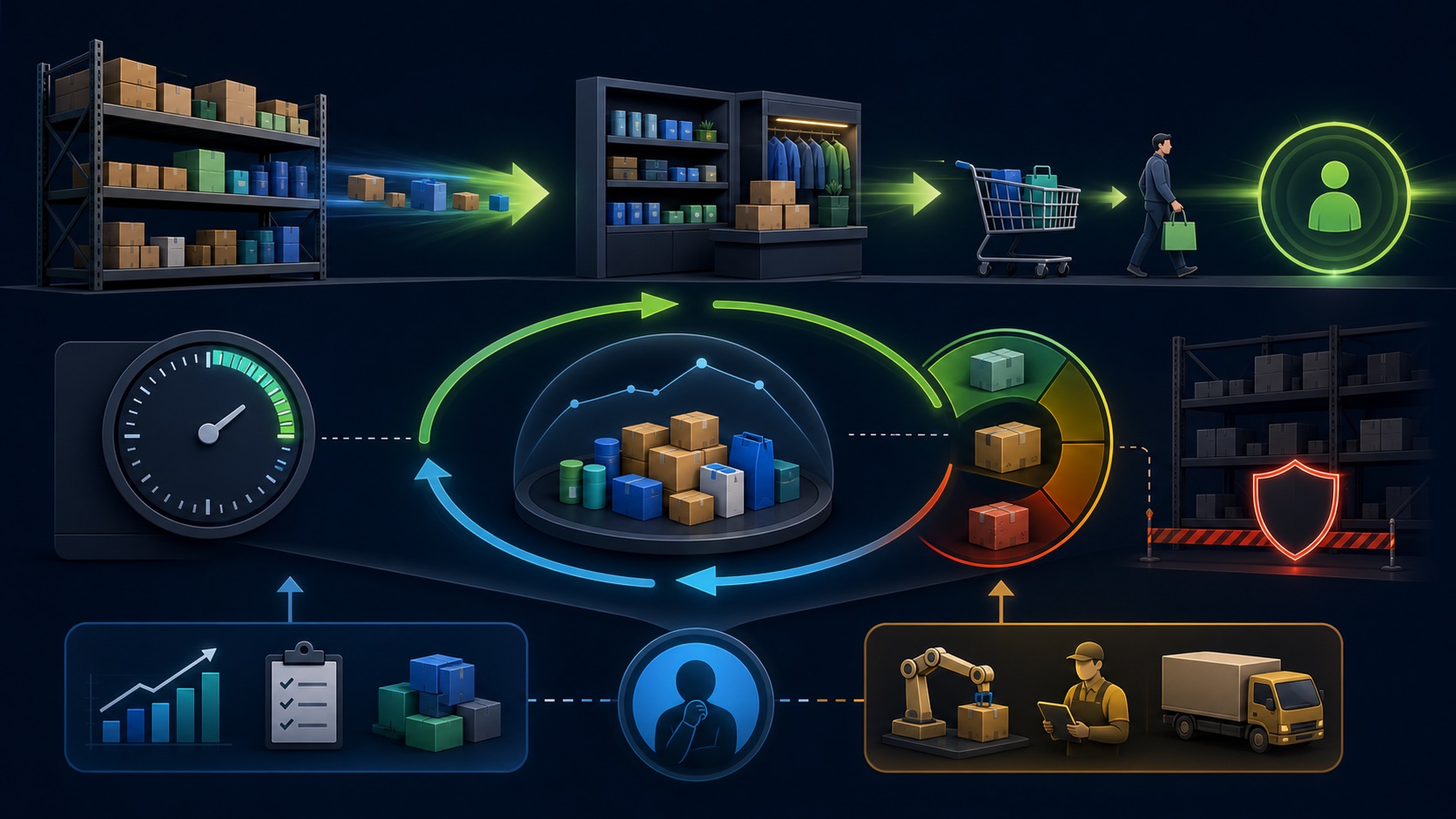 Inventory boxes rotate through sales and replenishment cycles while a worksheet converts cost of goods sold and average inventory into turnover and days