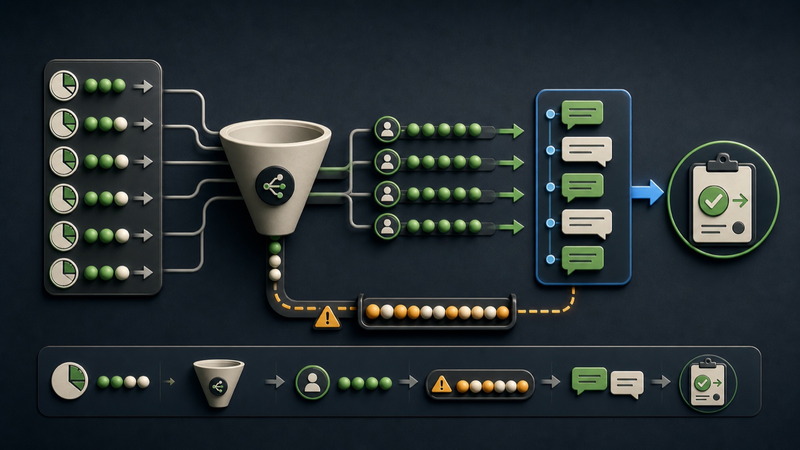 Lead arrivals flow through a capacity funnel into owner queues, responses, and a service-level checkpoint
