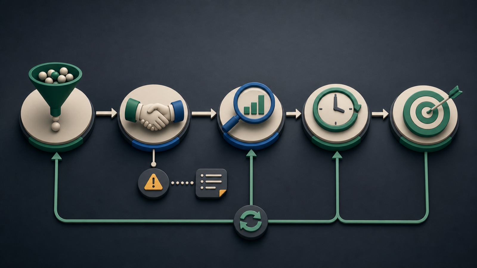 Marketing-qualified leads move through sales acceptance, evidence review, sales qualification, recycling, and feedback loops