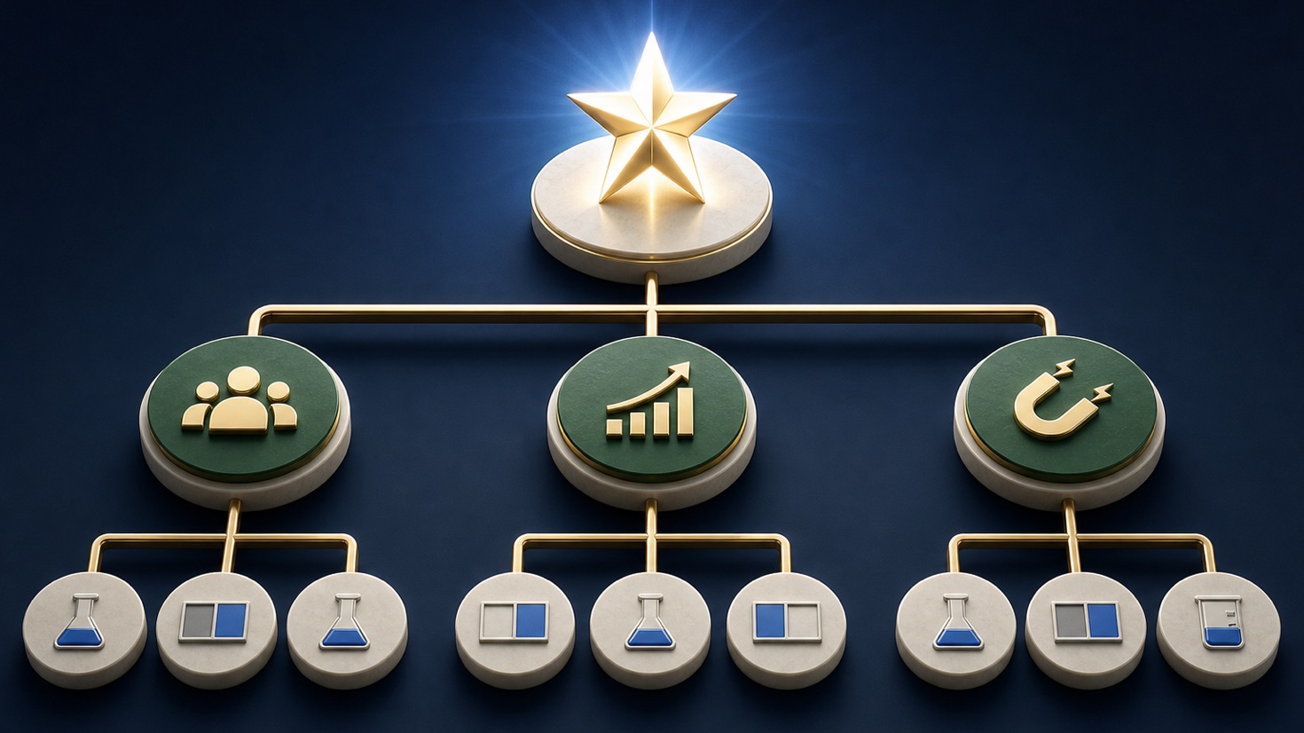 A bright guiding star representing customer value above three metric branches and smaller experiment leaves
