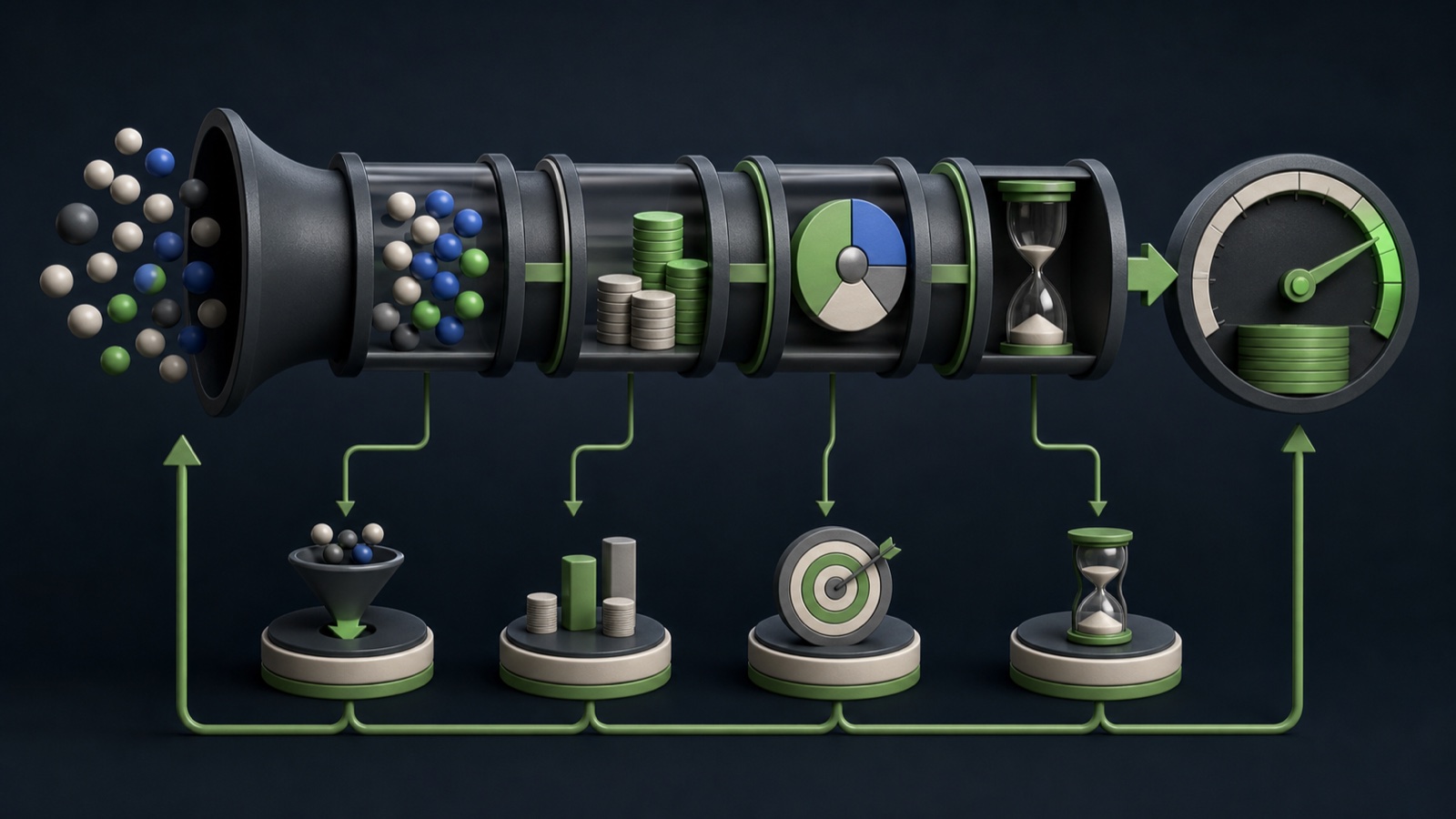 Qualified opportunities move through win rate, deal value, and sales-cycle stages into a pipeline velocity gauge