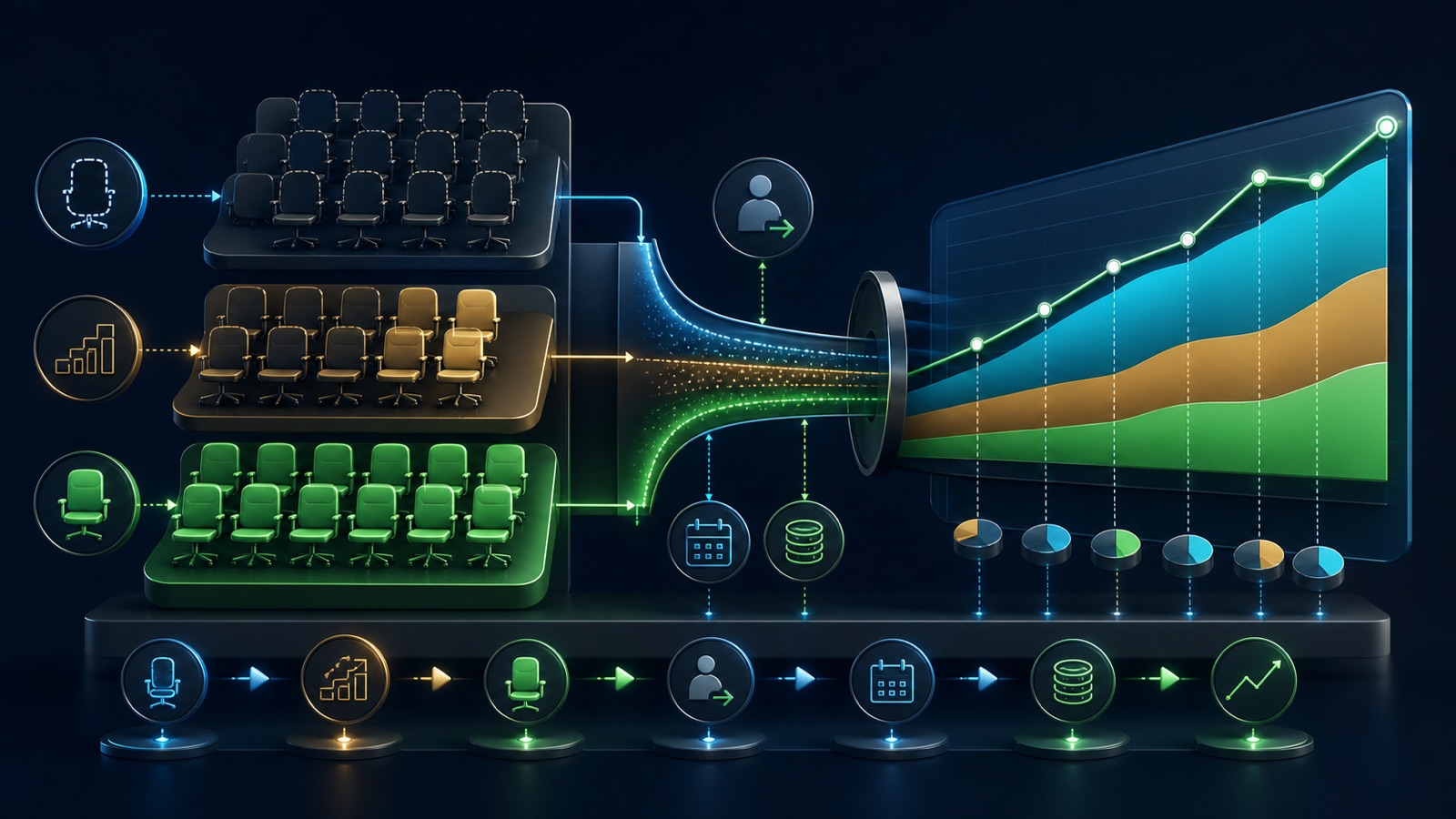 Open, ramping, and productive sales seats flow into a monthly stacked capacity forecast