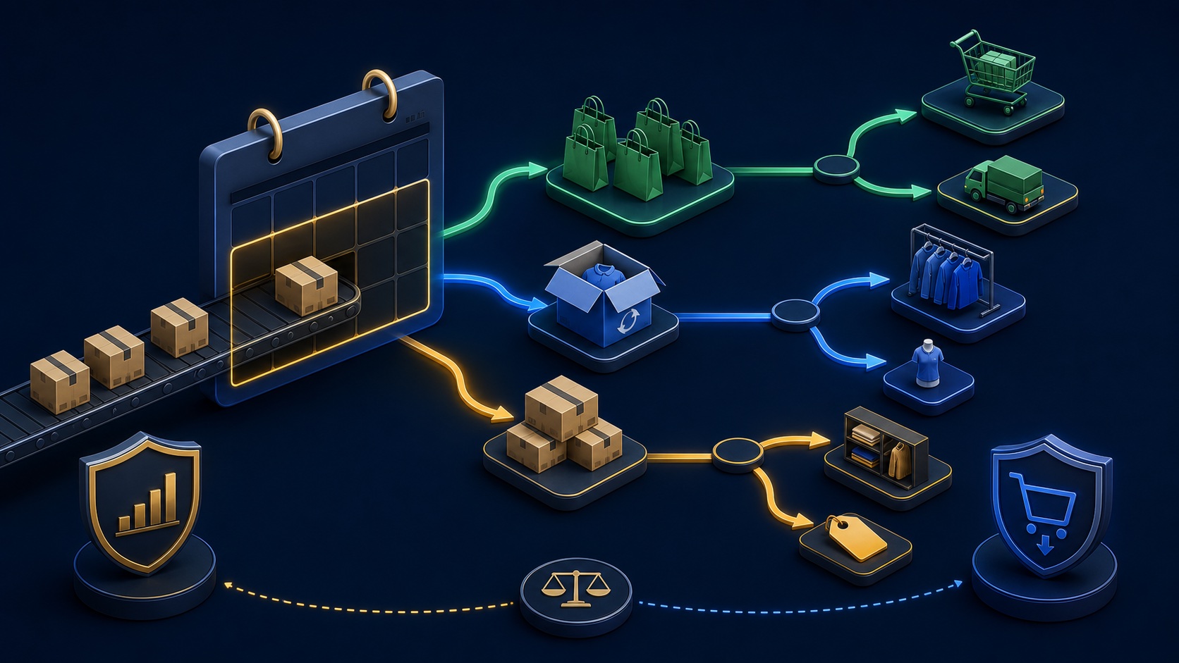 Inventory units enter a fixed measurement window, divide into sold and remaining groups, and feed reorder and markdown decisions