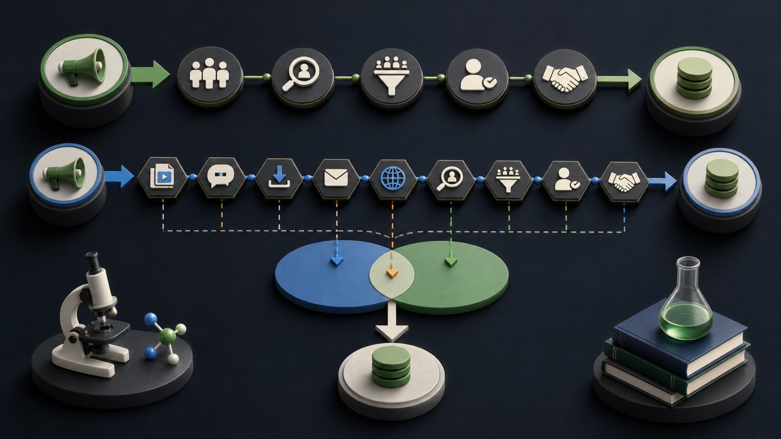 Two attribution lanes compare marketing-sourced and marketing-influenced pipeline before reconciling their overlap