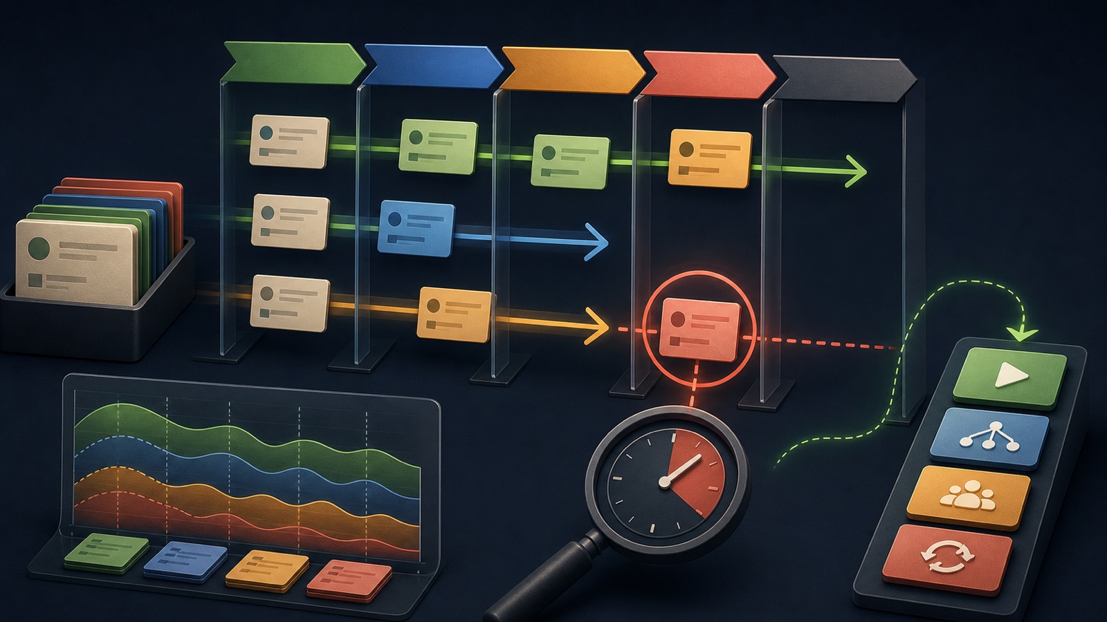 Deal cards move through pipeline stages while an aging clock flags one stalled record against historical patterns