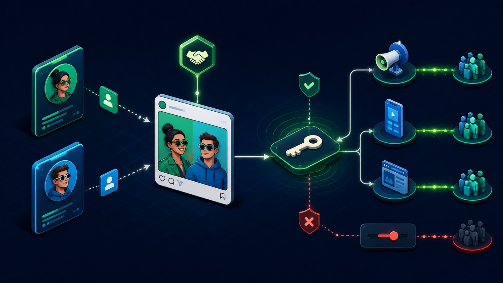 One creator post branches into a shared organic profile path and a governed paid partnership permission path