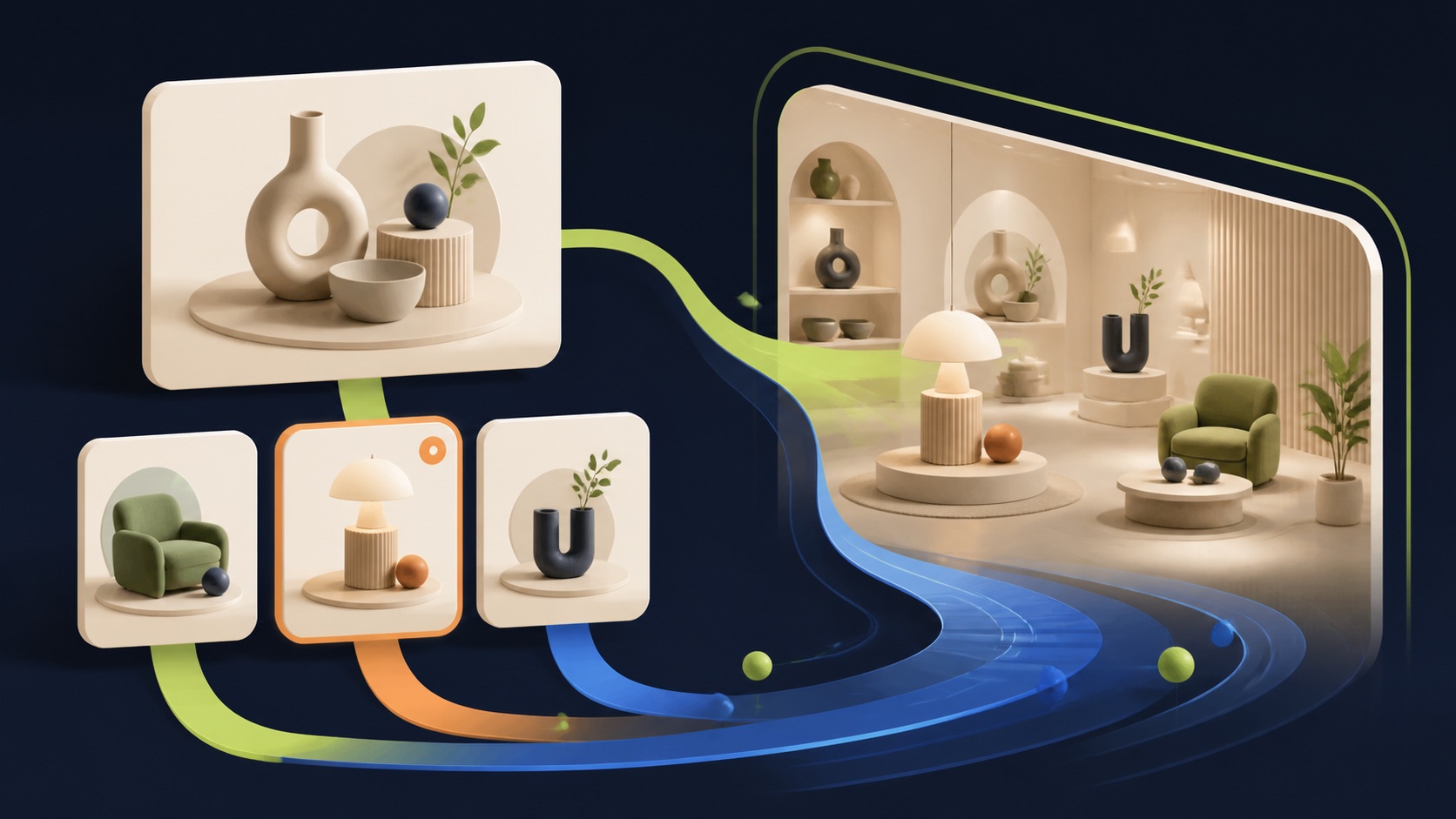 A hero creative and three product cards unfold into an immersive product gallery