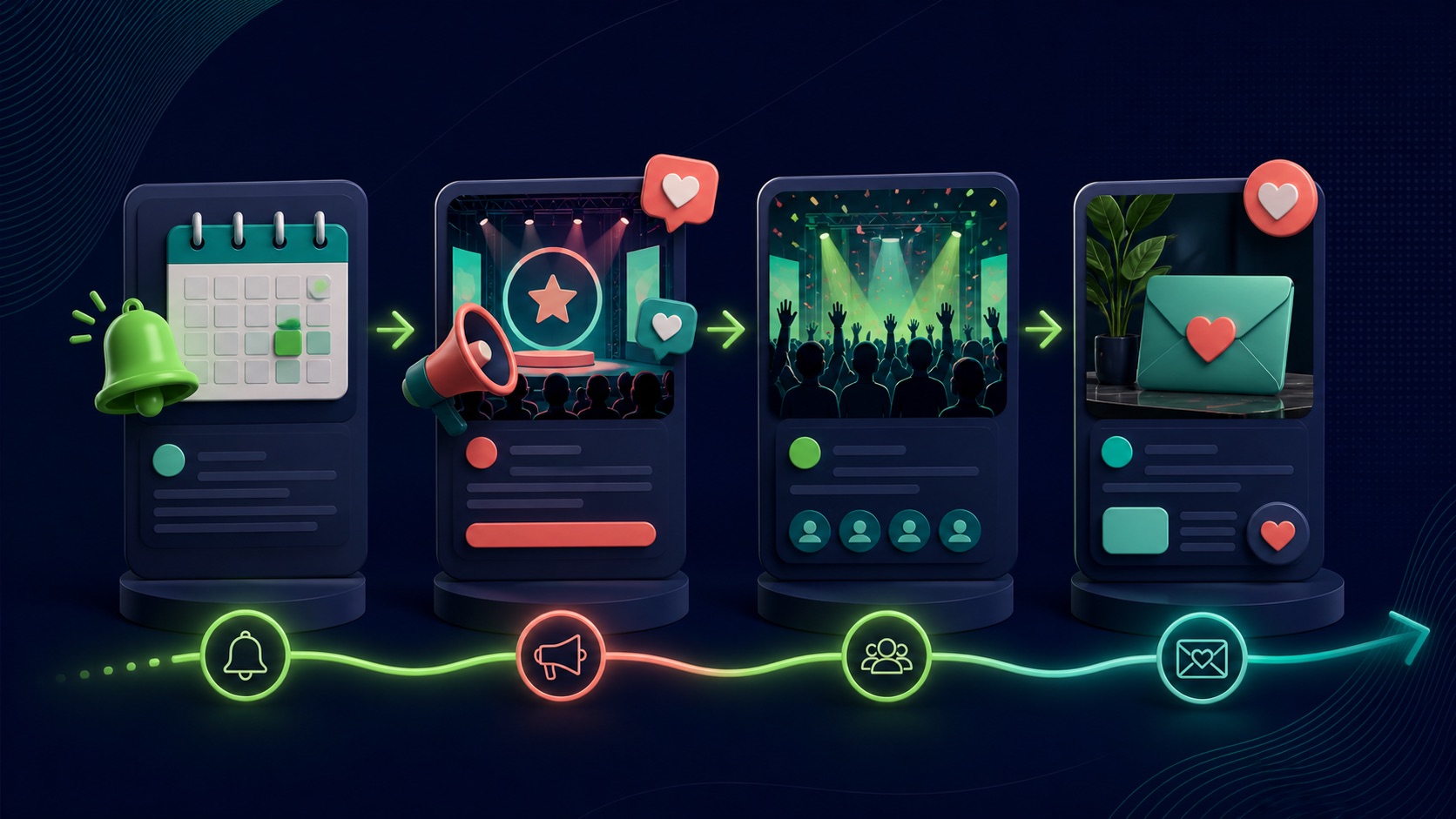 A calendar reminder flows through event promotion, audience participation, and post-event follow-up stages