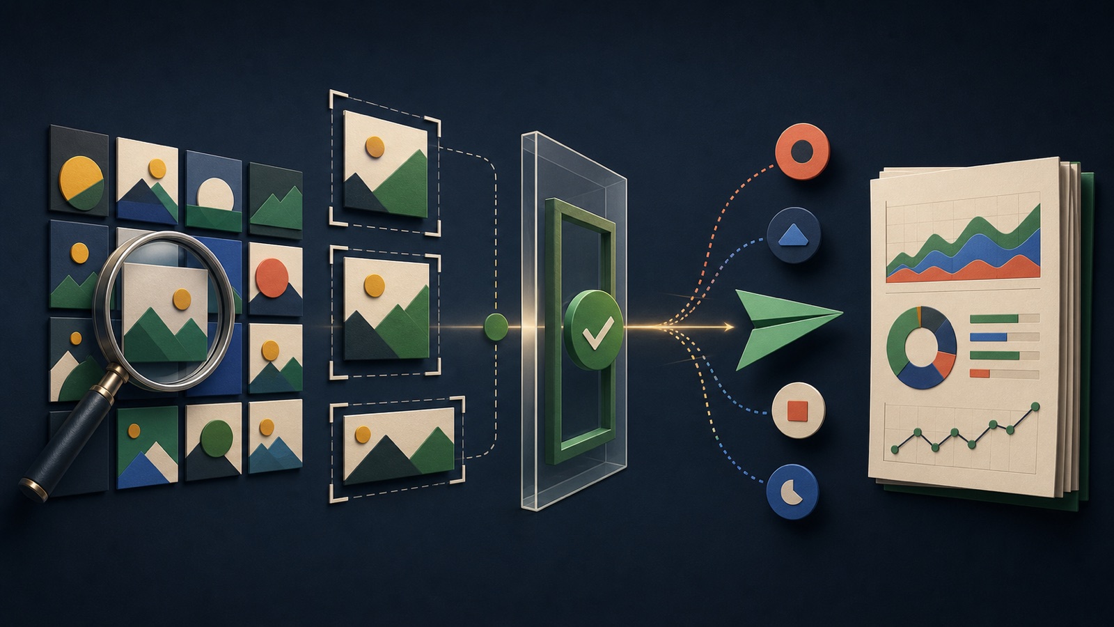 Discovery tiles pass through crop and destination checkpoints into a placement reporting ledger