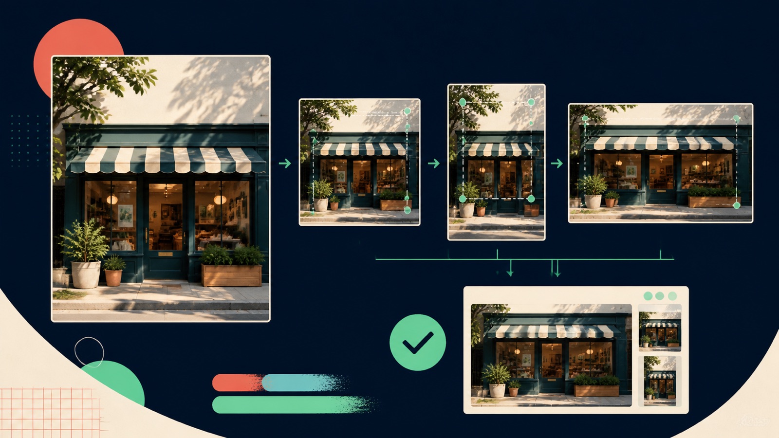 One storefront photograph is adapted into square, portrait, and landscape compositions before a final ad preview